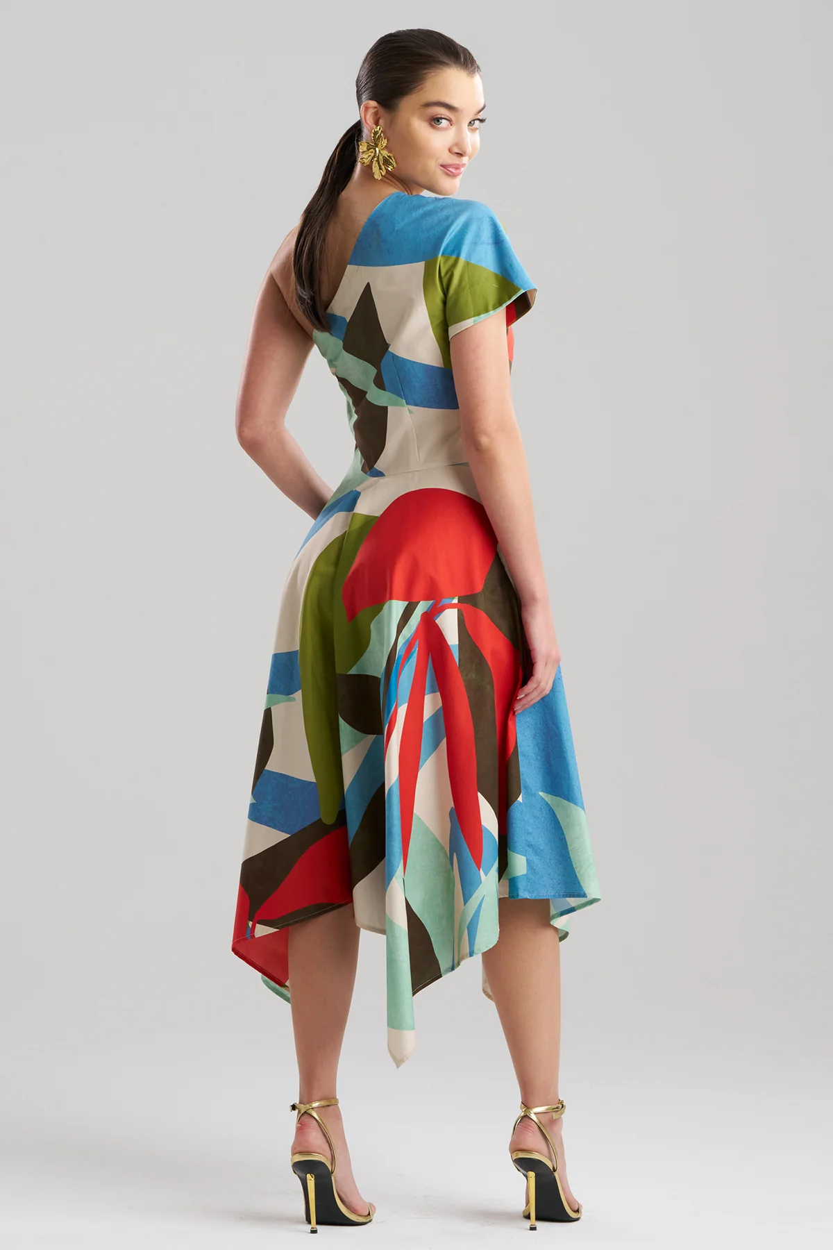 Abstract Palm Cotton Poplin One Shoulder Dress - Image 3