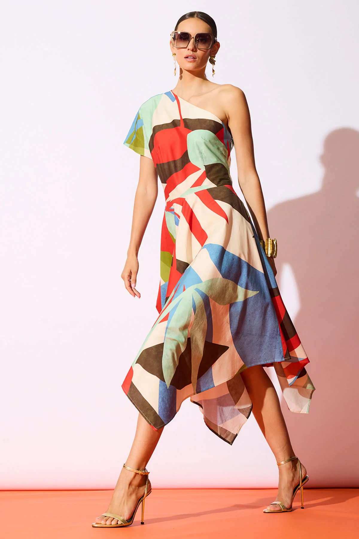 Abstract Palm Cotton Poplin One Shoulder Dress - Image 4