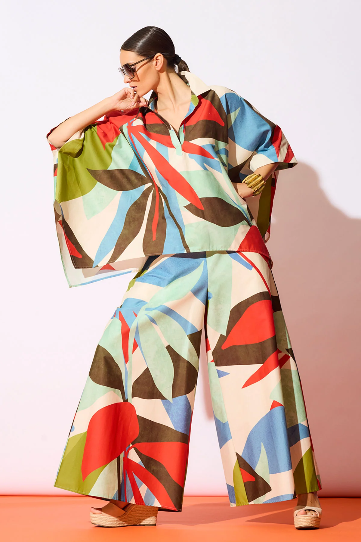 Abstract Palm Cotton Poplin Pull On Palazzo Pants