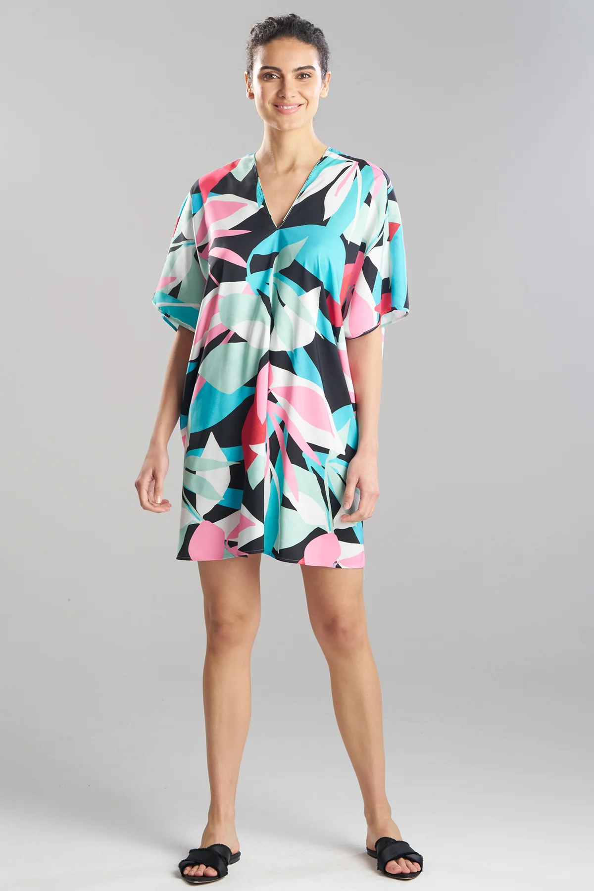 Abstract Palm Printed Satin Caftan - Image 2