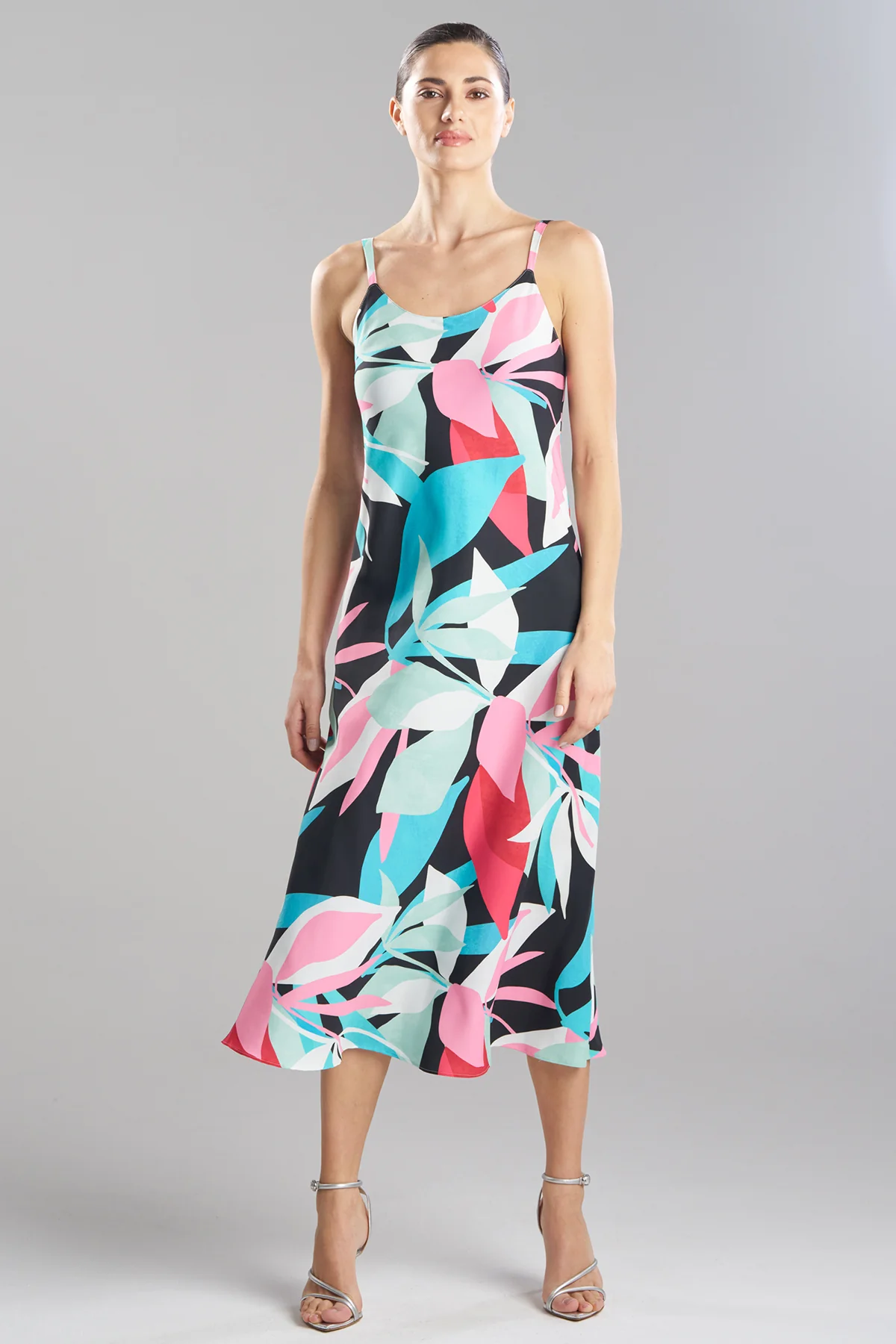 Abstract Palm Printed Satin Slip Dress - Image 2