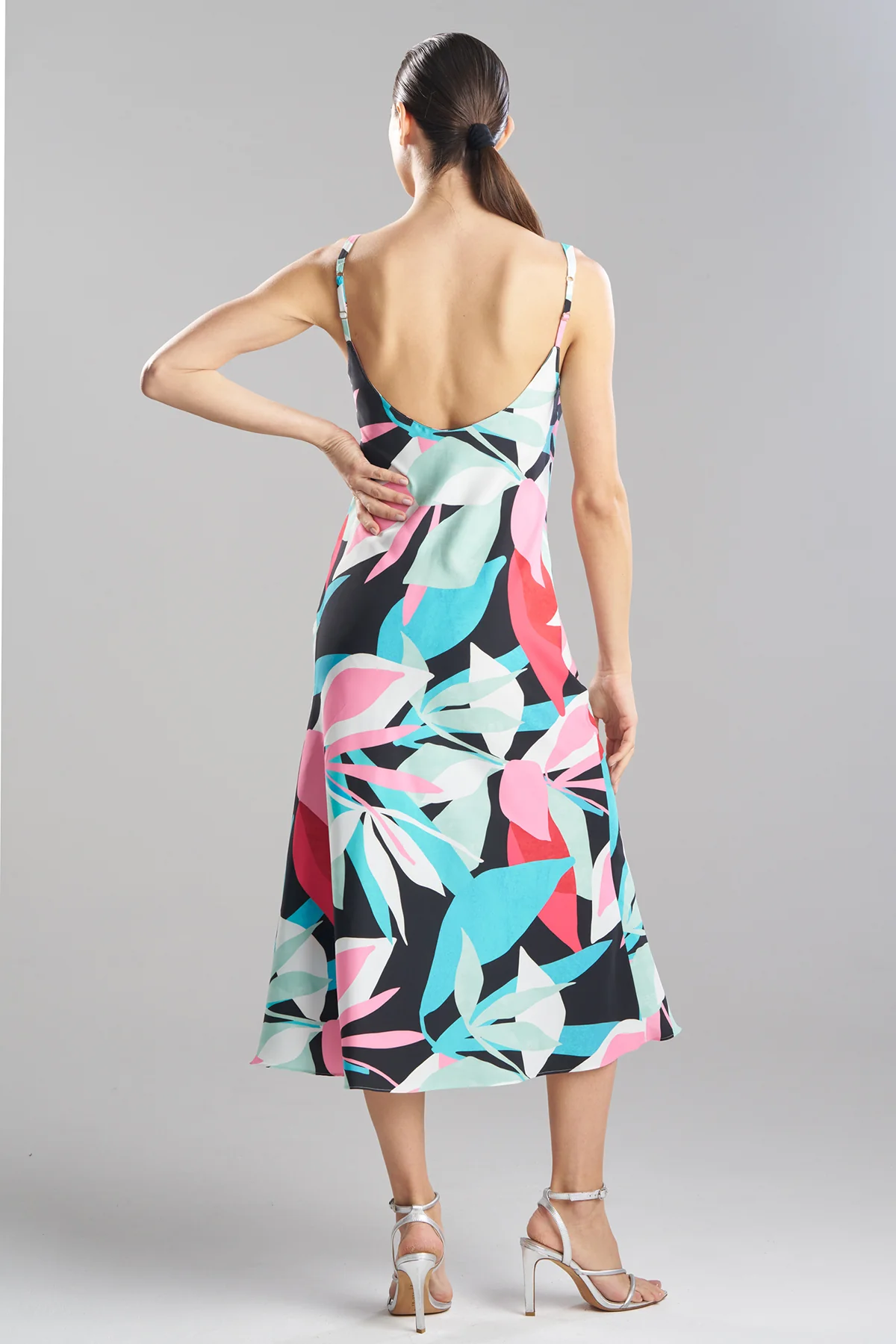 Abstract Palm Printed Satin Slip Dress - Image 3
