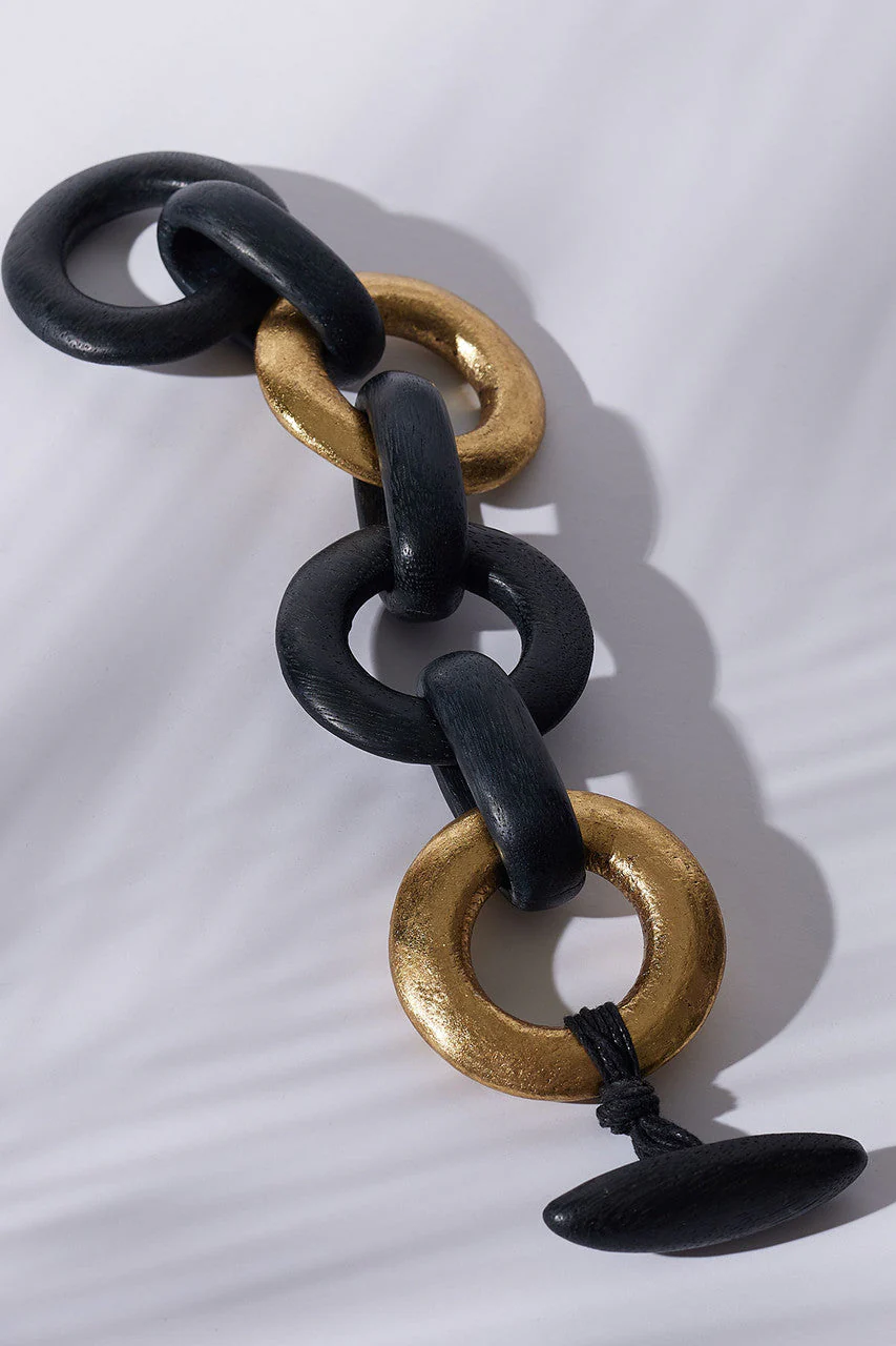 Acacia Wood and Gold Plated Circle Chain Link Bracelet - Image 2