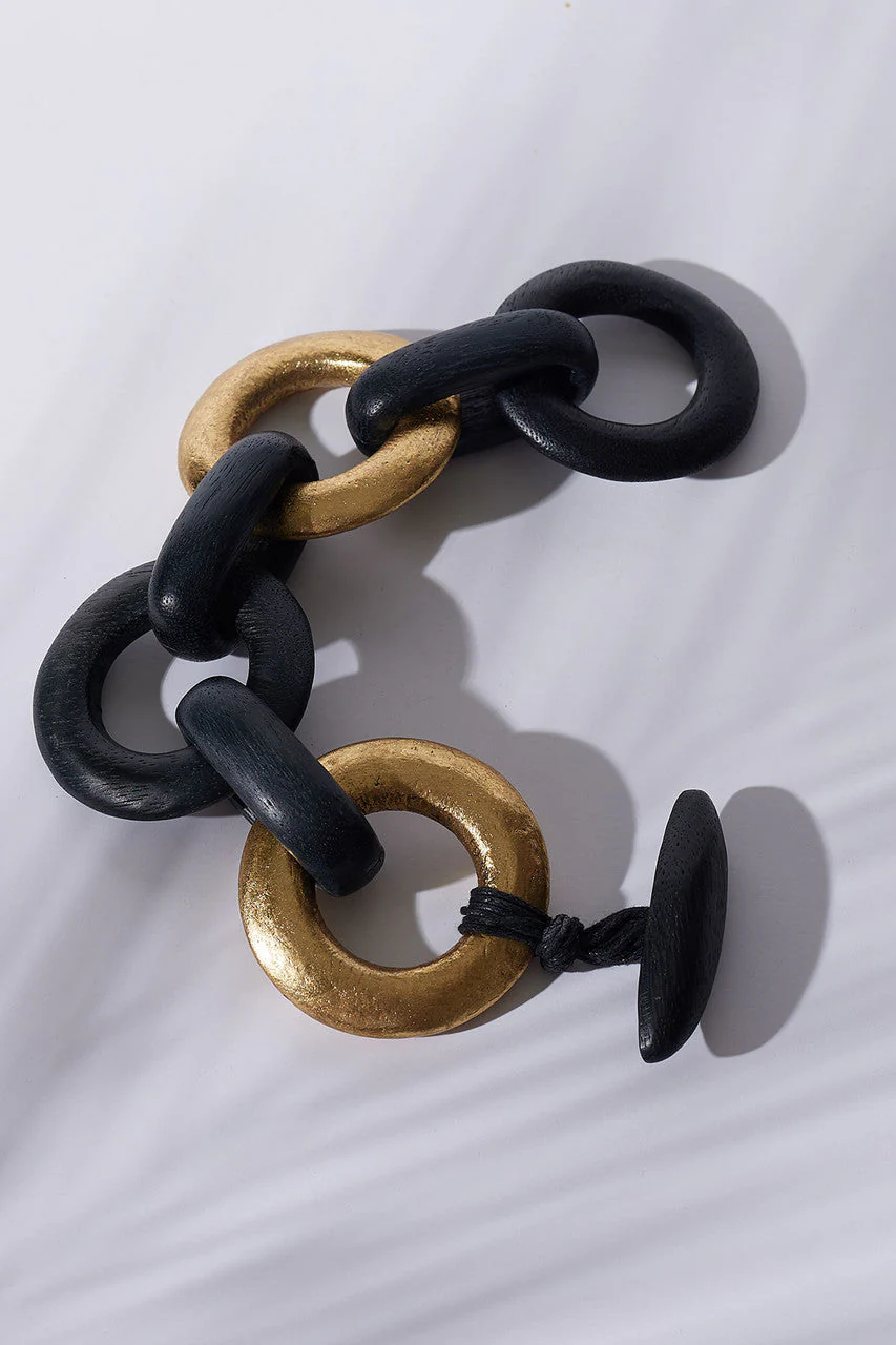Acacia Wood and Gold Plated Circle Chain Link Bracelet - Image 3