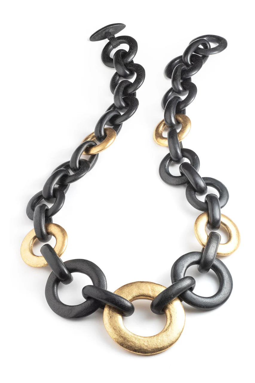 Acacia Wood and Gold Plated Circle Chain Link Necklace