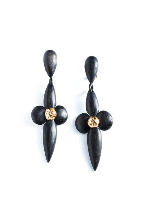 Acacia Wood and Silver Plated Large Teardrop Floral Earrings