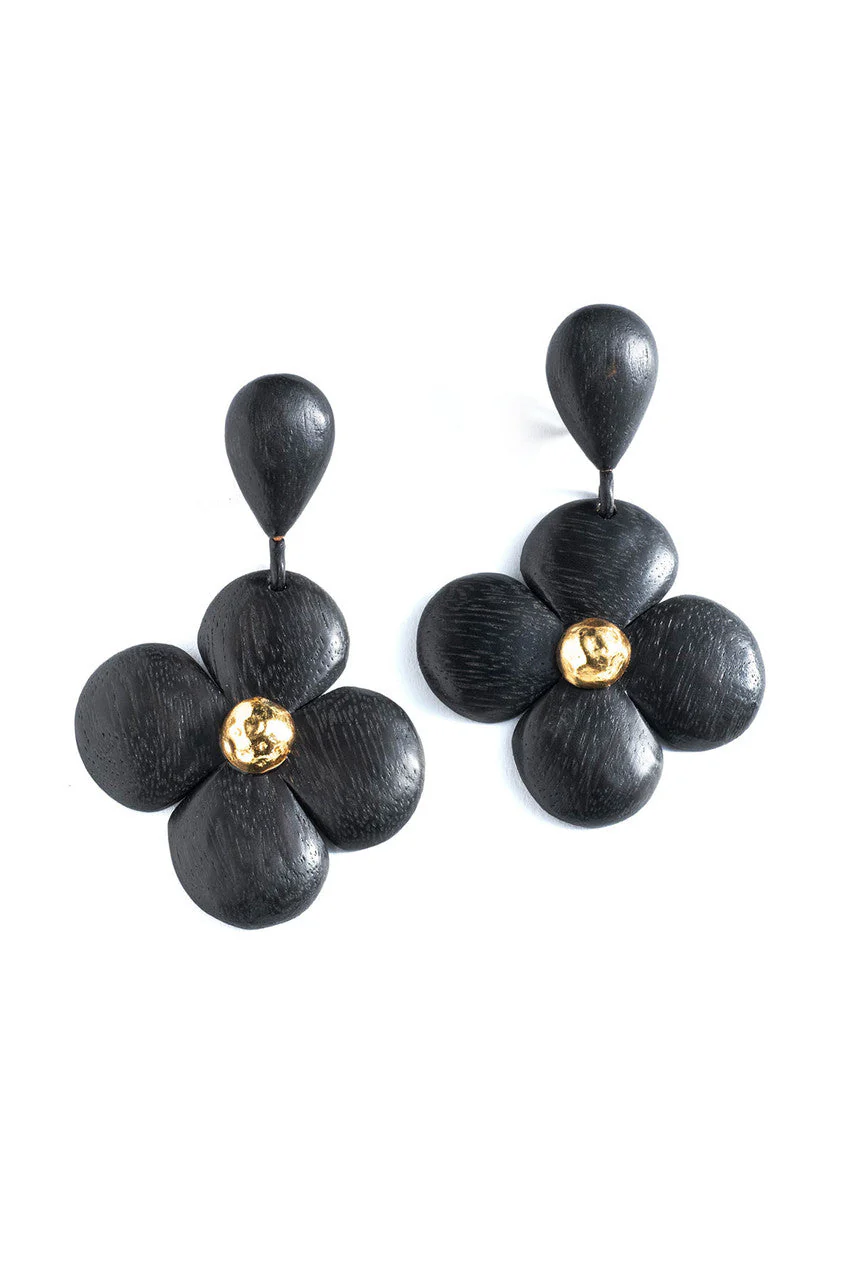 Acacia Wood and Silver Plated Teardrop Floral Earrings