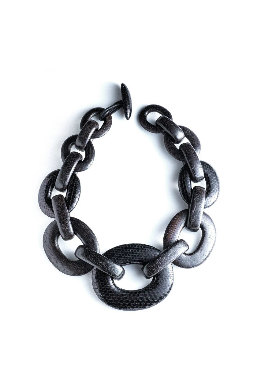 Acacia Wood and Snakeskin Oval Chain Link Necklace - Image 2