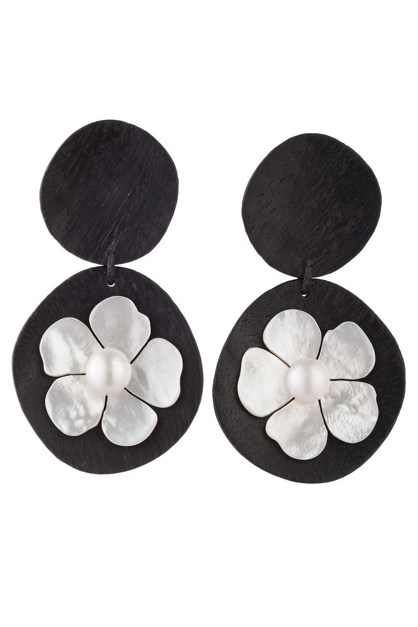 Acacia Wood Drop Clip Earrings With Mother of Pearl