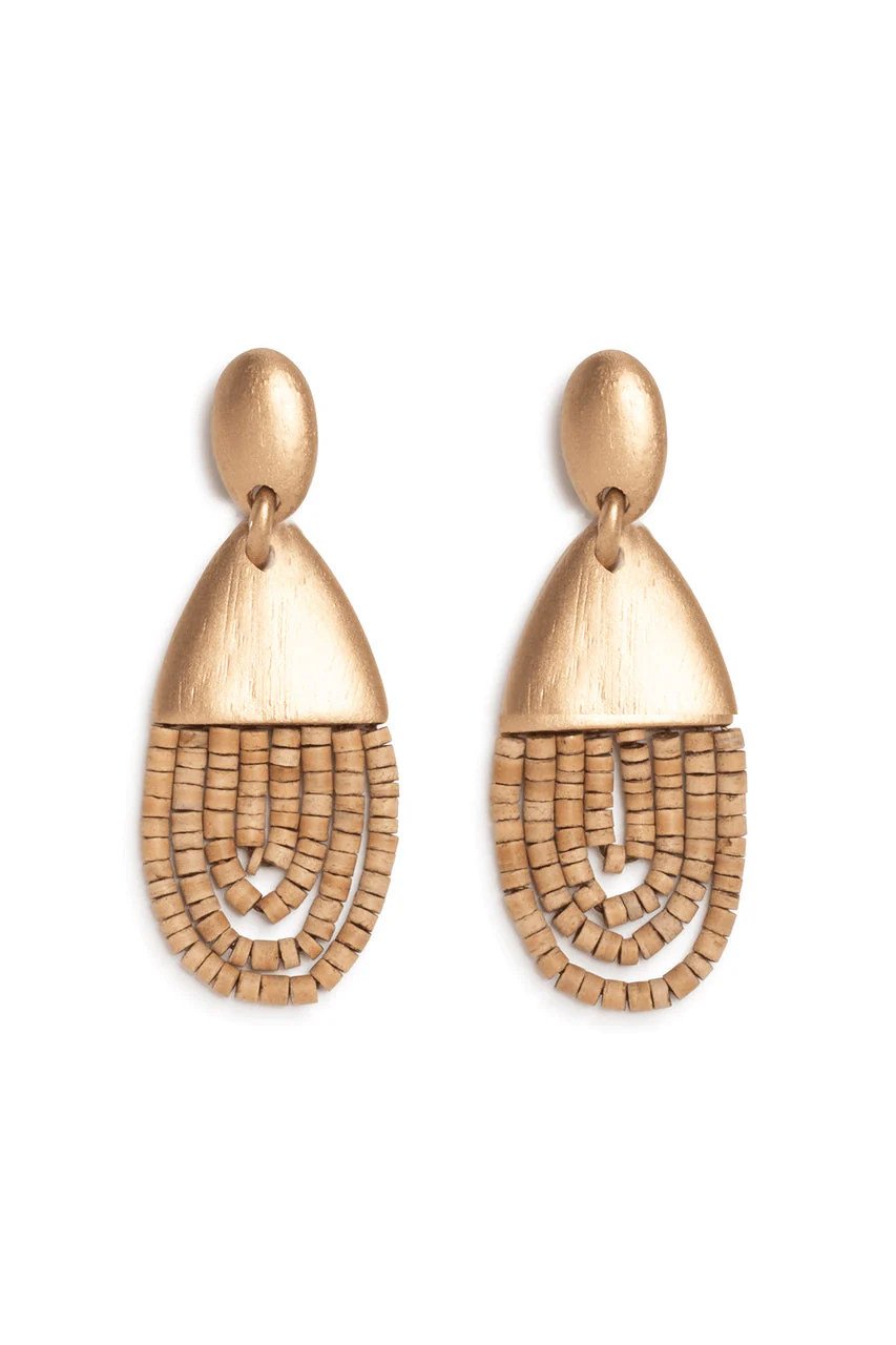 Acacia Wood Gold Drop Beaded Earrings
