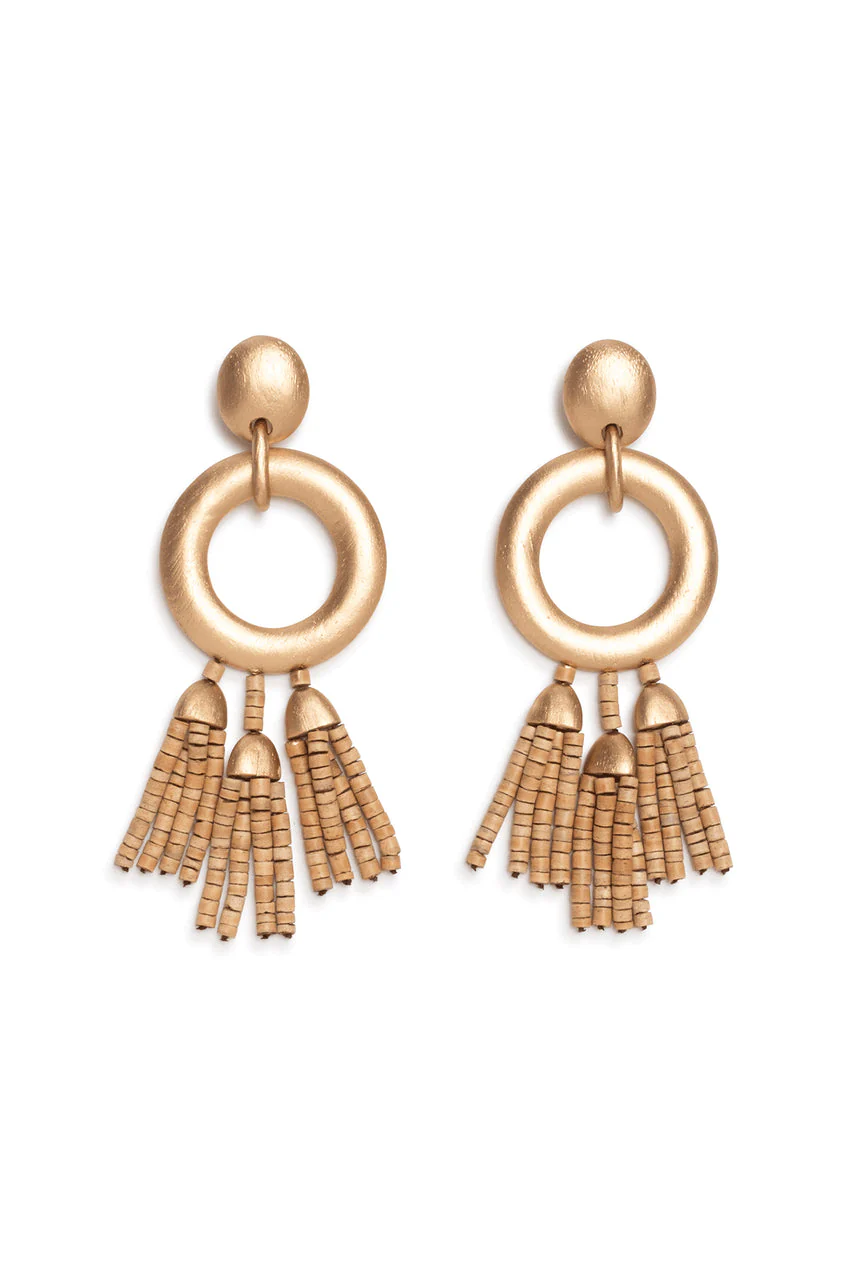 Acacia Wood Gold Fringe Beaded Earrings