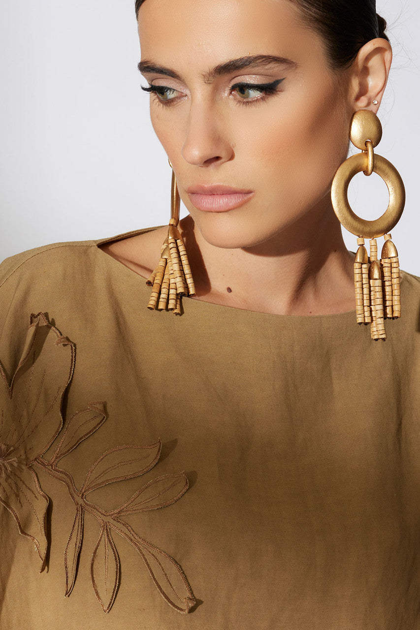 Acacia Wood Gold Fringe Beaded Earrings - Image 3