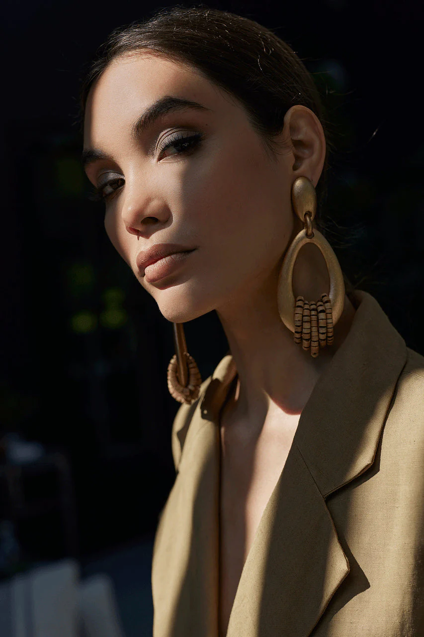 Acacia Wood Gold Hoop Beaded Earrings - Image 2
