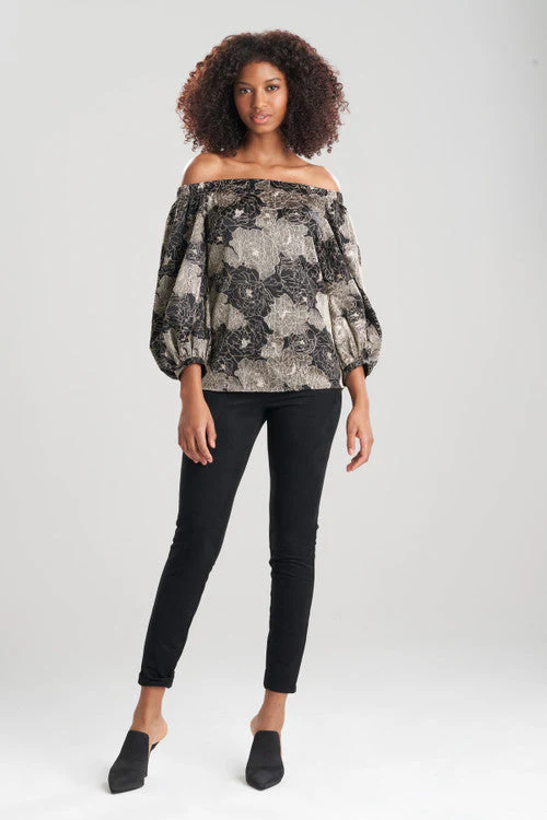 All Over Embroidered Off Shoulder Silk Charm Top - Image 6