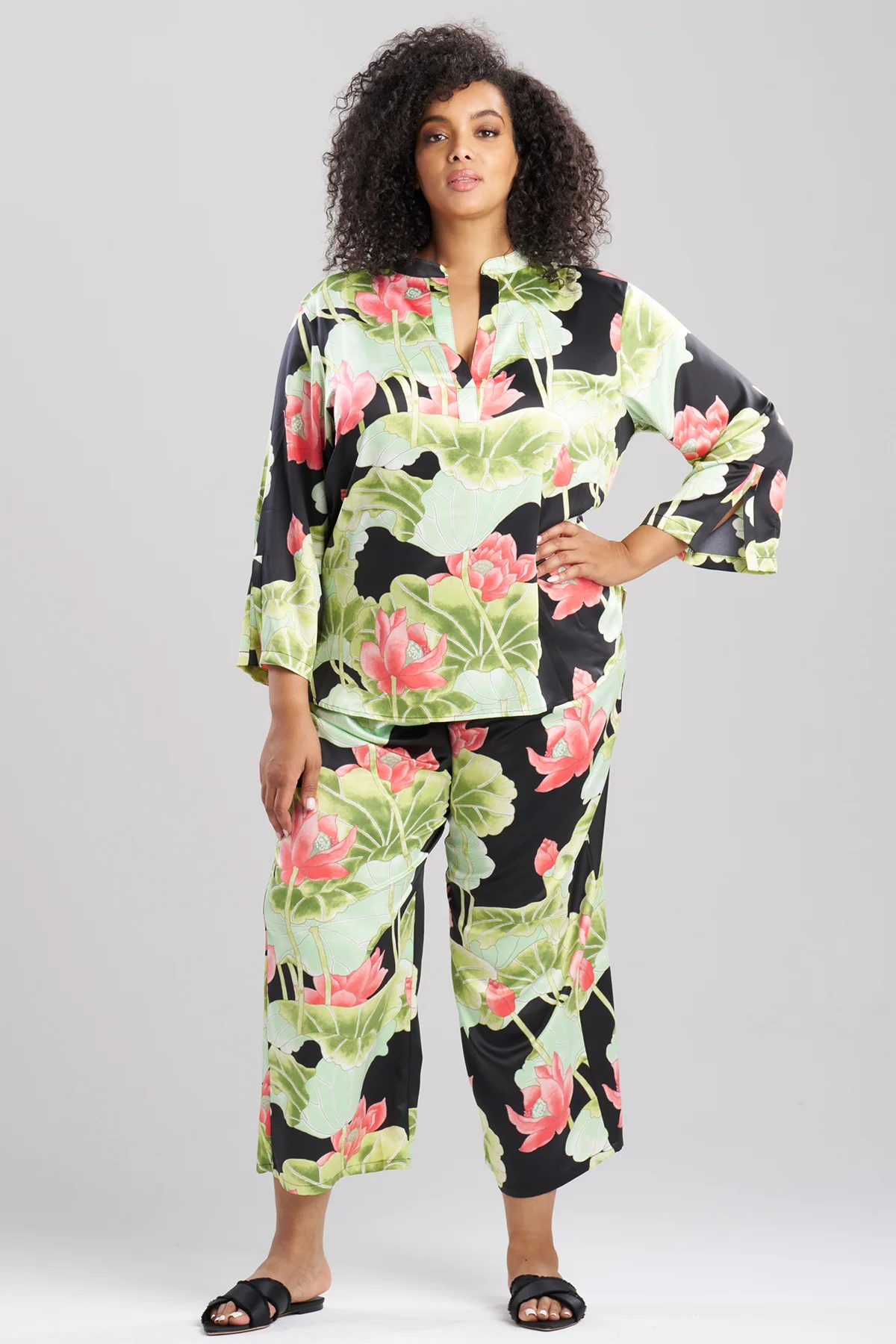 Ascendant Lotus Printed Satin Mandarin PJ Set