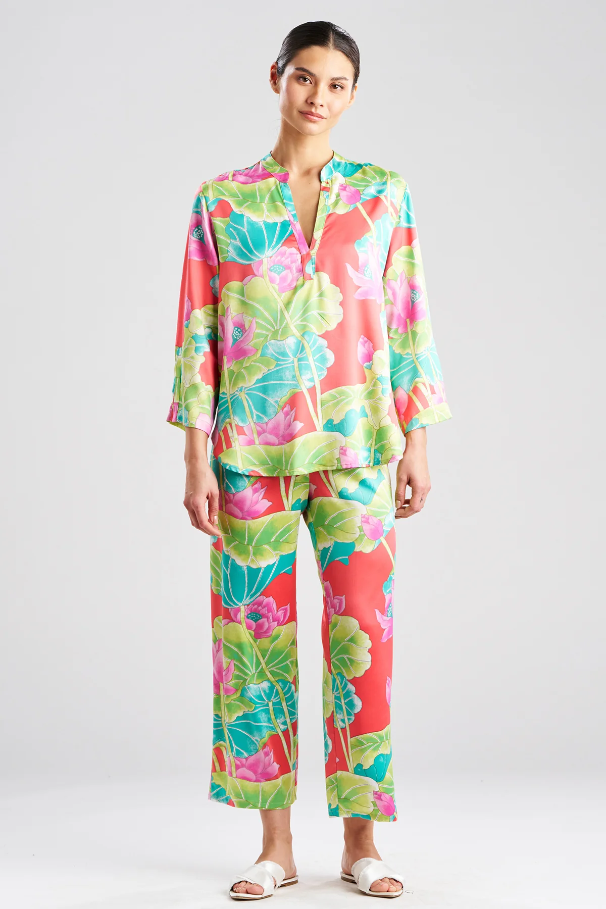 Ascendant Lotus Printed Satin Mandarin PJ Set