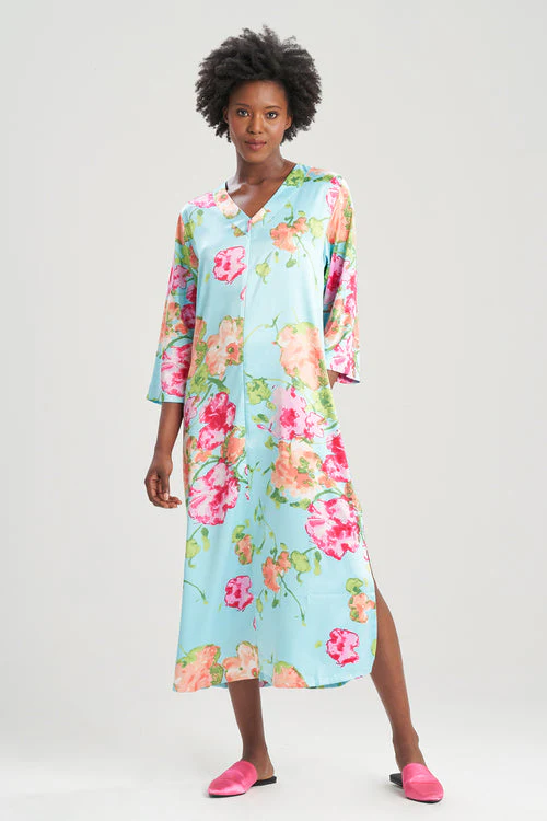 Bouquet-Printed Matte Satin Zip Caftan