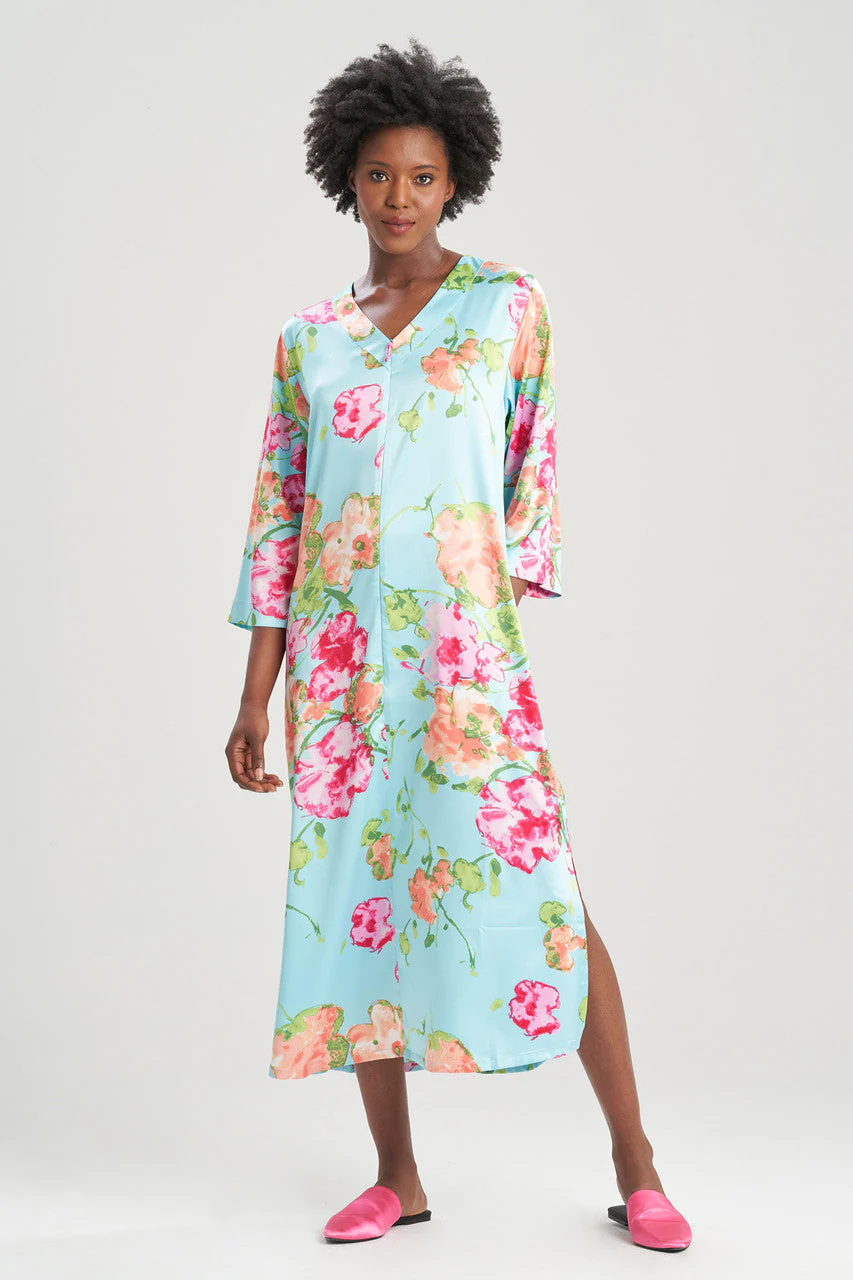 Bouquet-Printed Matte Satin Zip Caftan - Image 3