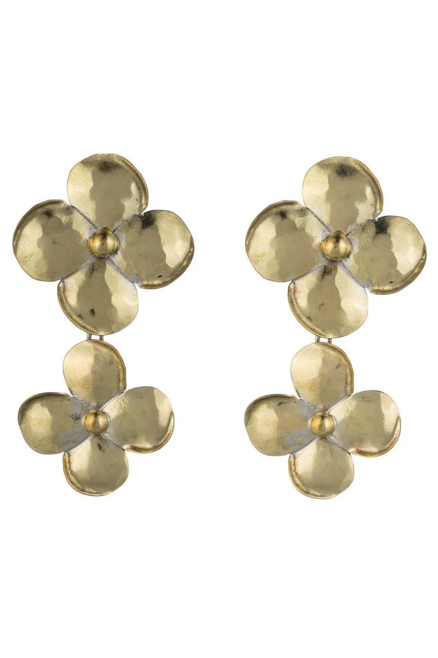 Brass Double Flower Clip Earrings