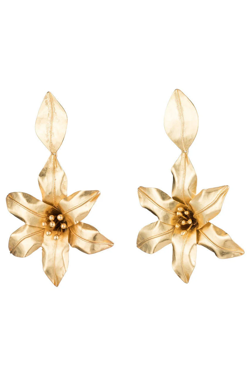 Brass Floral Drop Clip Earrings - Image 2