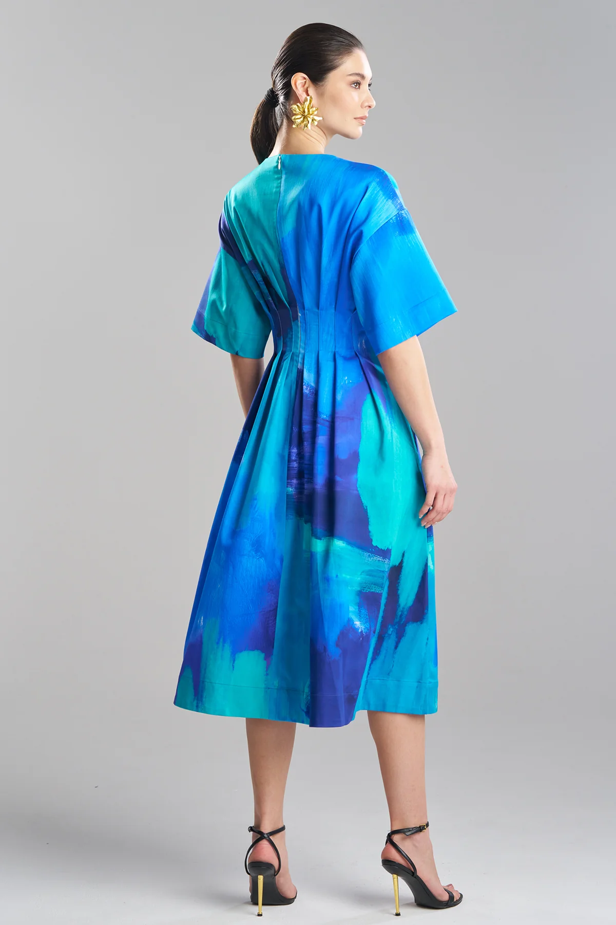 Brushstroke Cotton Chino V-Neck Pleat Release Dress - Image 3