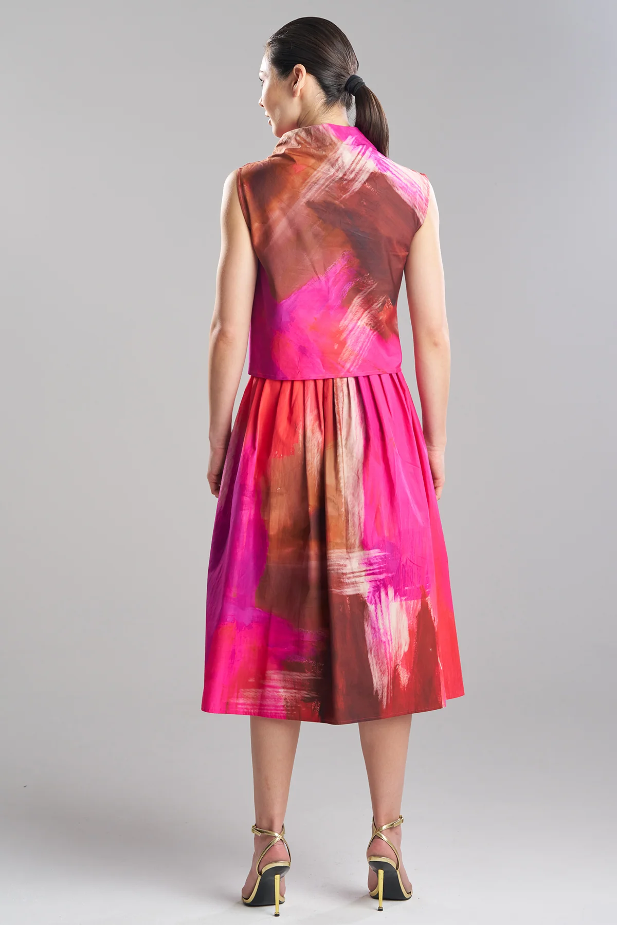 Brushstroke Cotton Taffeta Asymmetric Funnel Neck Top - Image 3