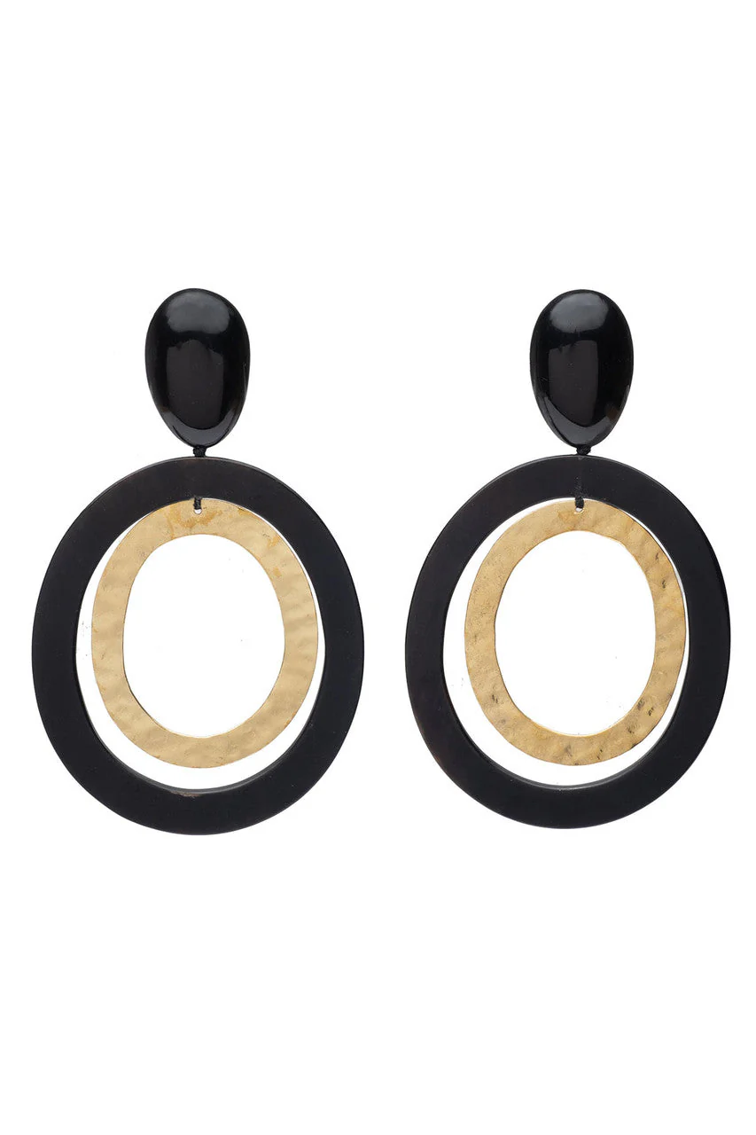 Buffalo Horn and Gold Double Hoop Clip Earrings