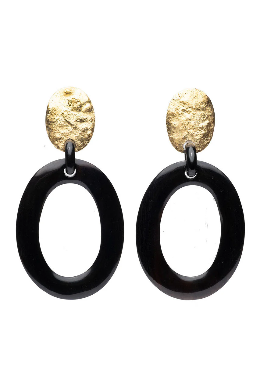 Buffalo Horn and Gold Oval Clip Earrings