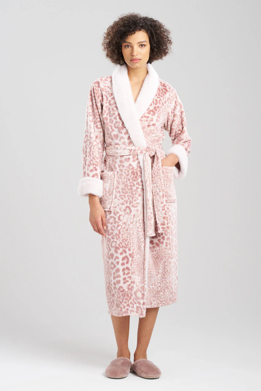 Cashmere Leopard Faux Fur Collar Robe