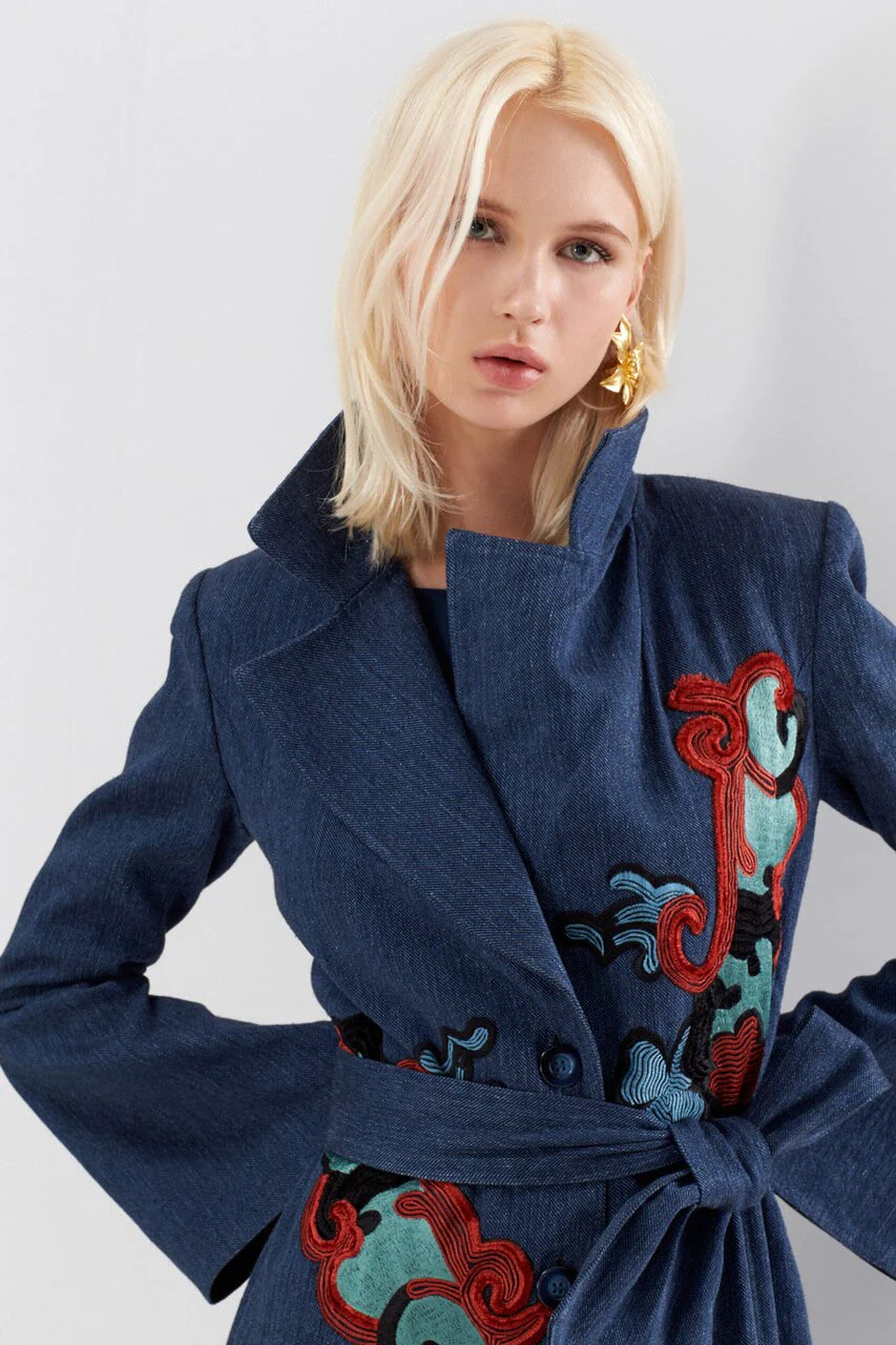 Casual Twill Trench Coat With Embroidery - Image 4