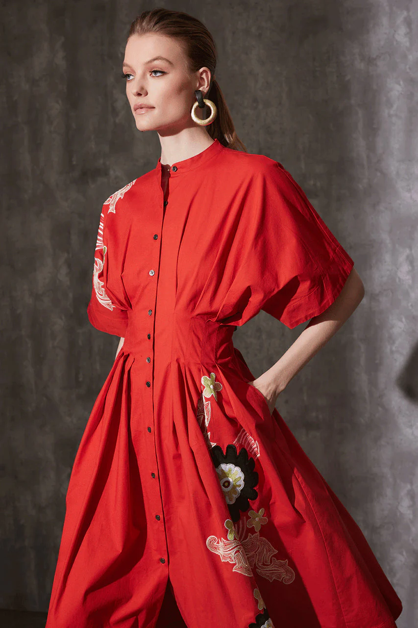 Cotton Poplin Embroidered Maxi Pleated Dress - Image 3