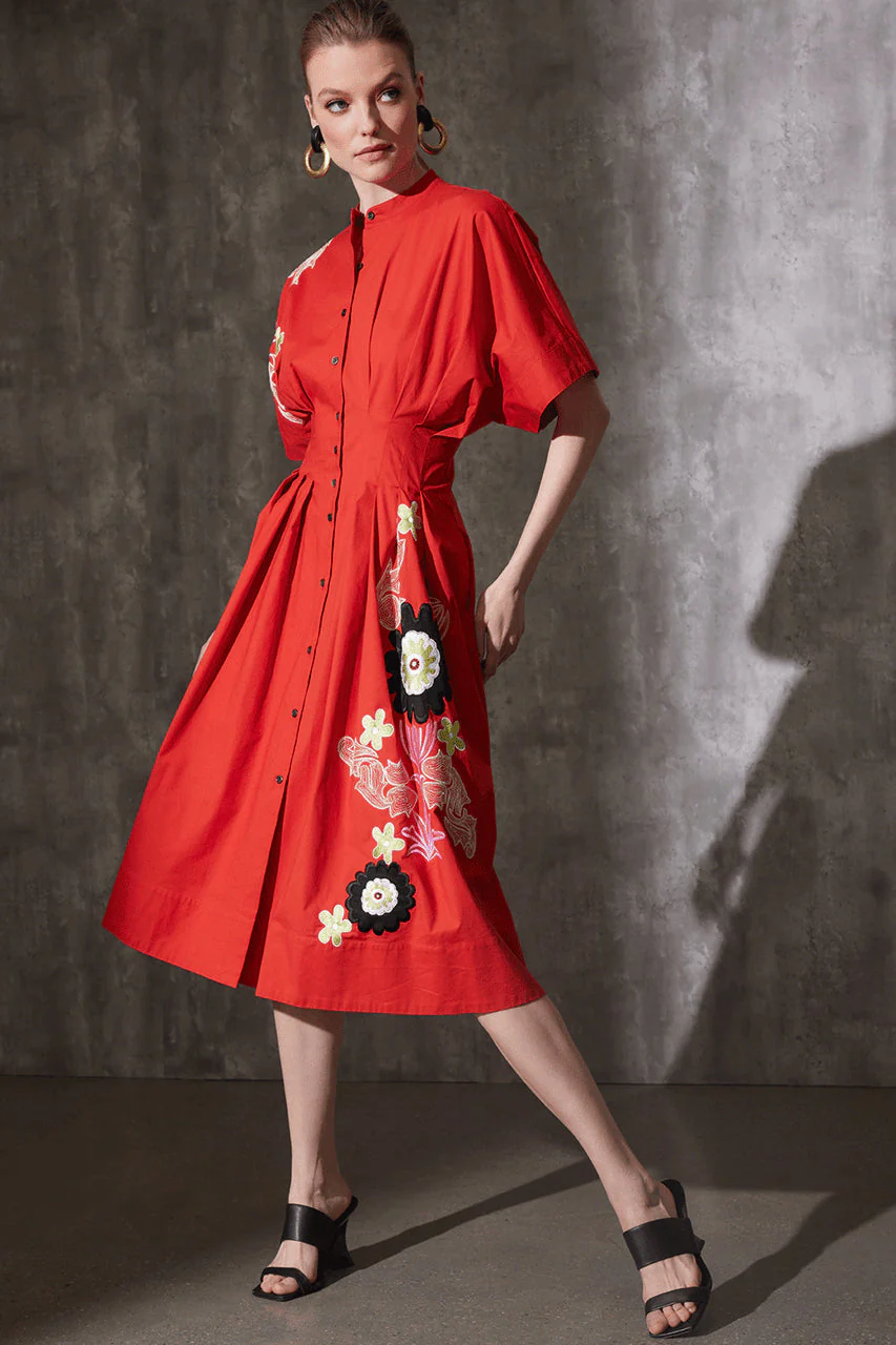 Cotton Poplin Embroidered Maxi Pleated Dress - Image 4