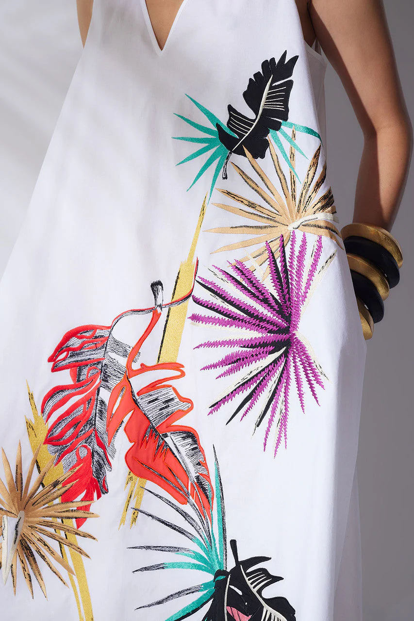 Cotton Poplin Embroidered V-Neck Dress - Image 6