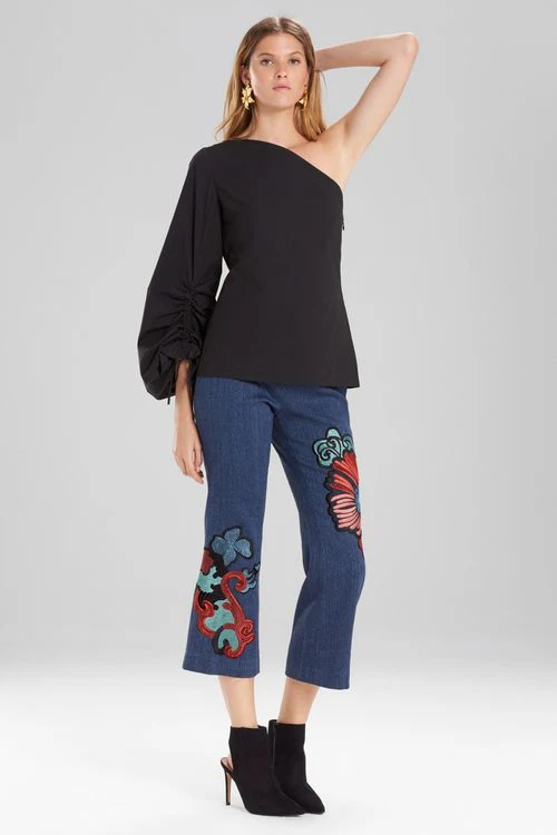 Cotton Poplin One Shoulder Drawstring Balloon Sleeve Top - Image 9