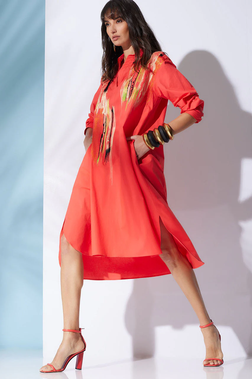 Cotton Poplin Oversized Half Placket Embroidered Shirtdress - Image 4