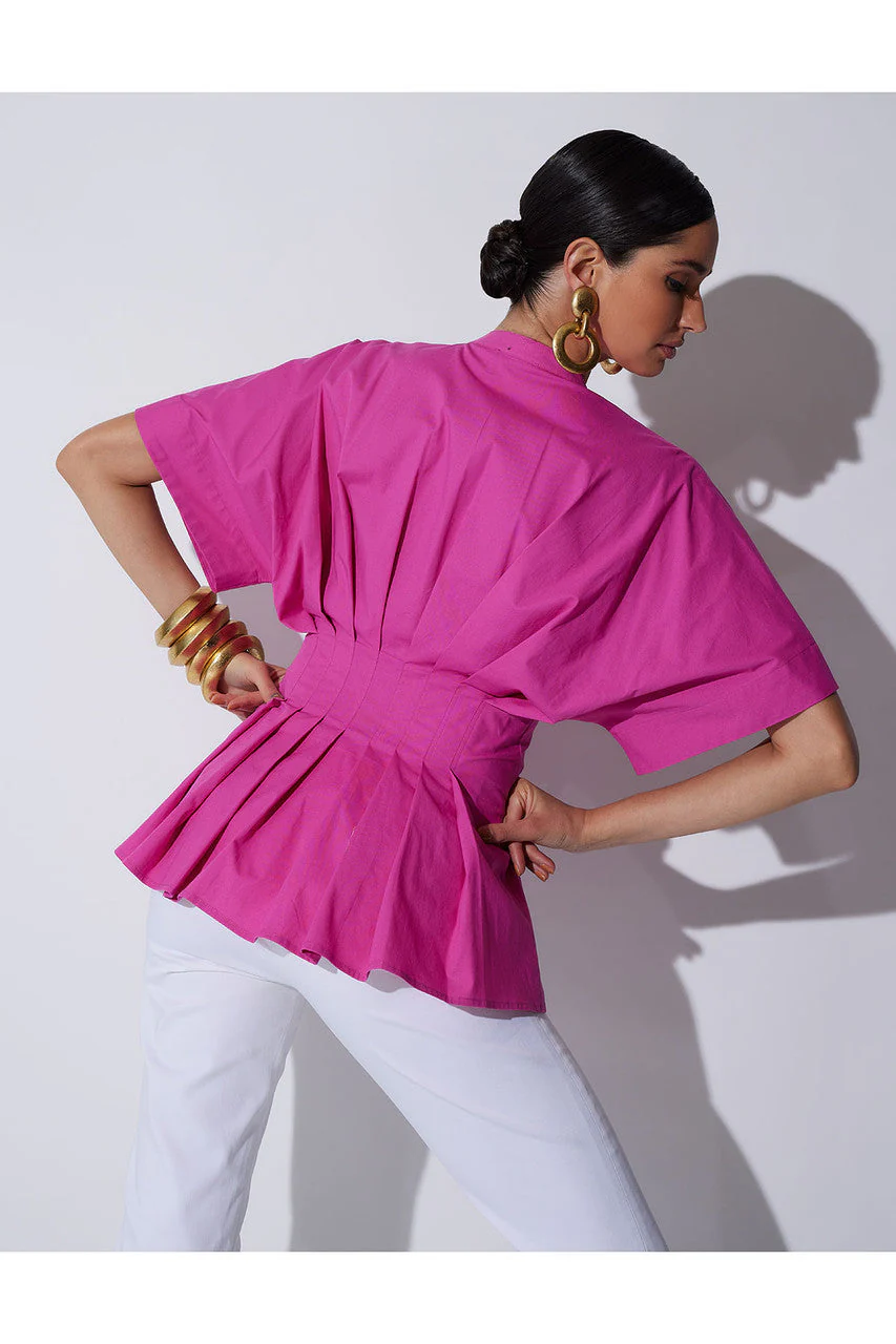 Cotton Poplin Pleated Mandarin Top - Image 6
