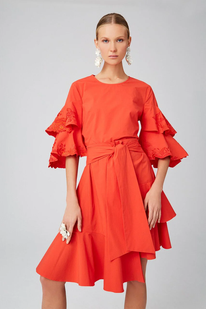 Cotton Poplin Tiered Sleeve Top With Embroidery - Image 5