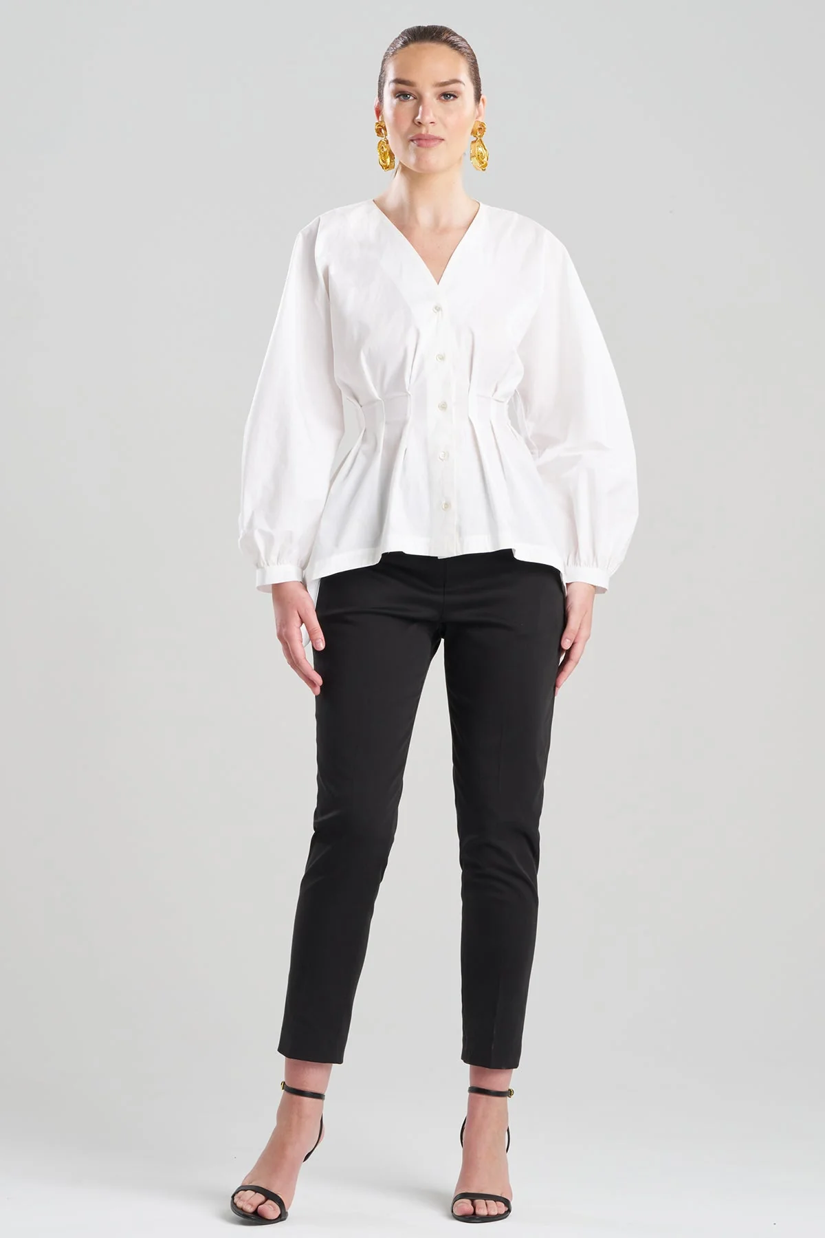 Cotton Poplin V-Neck Pleated Shirt - Image 2