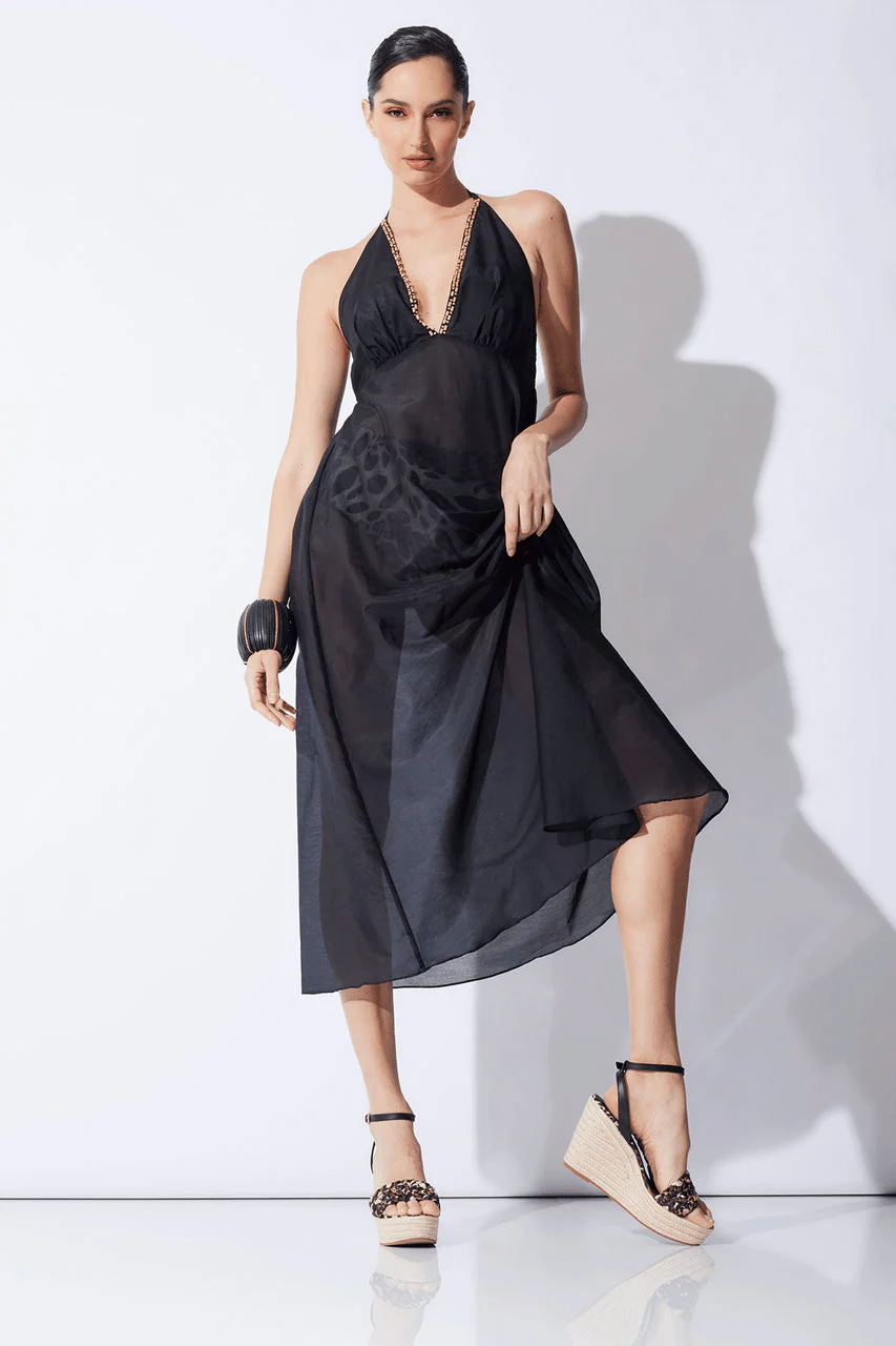 Cotton Silk Voile Beaded Sheer Halter Dress - Image 5