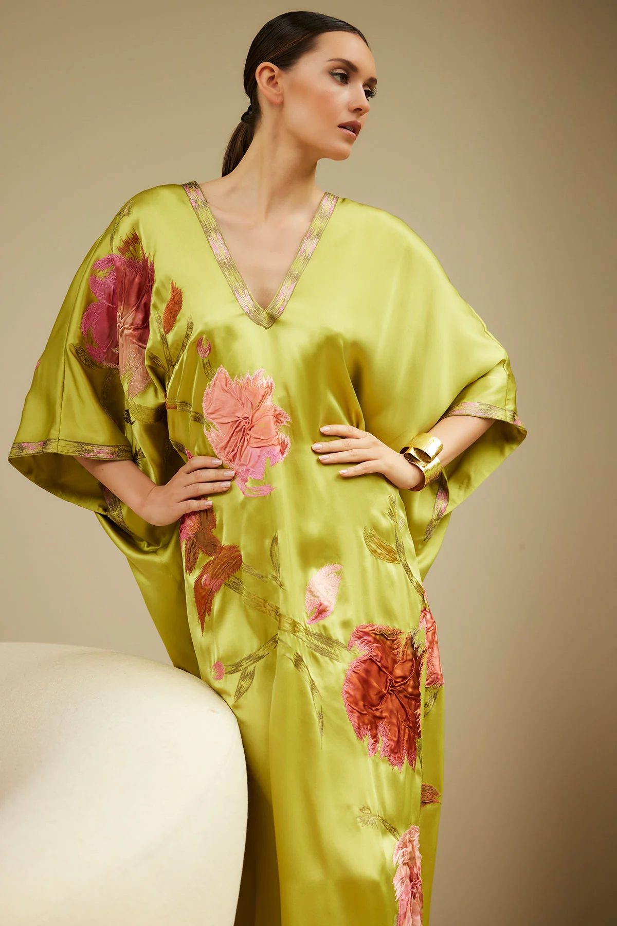 Couture Brushstroke Embellished Cocoon Silk Caftan - Image 4