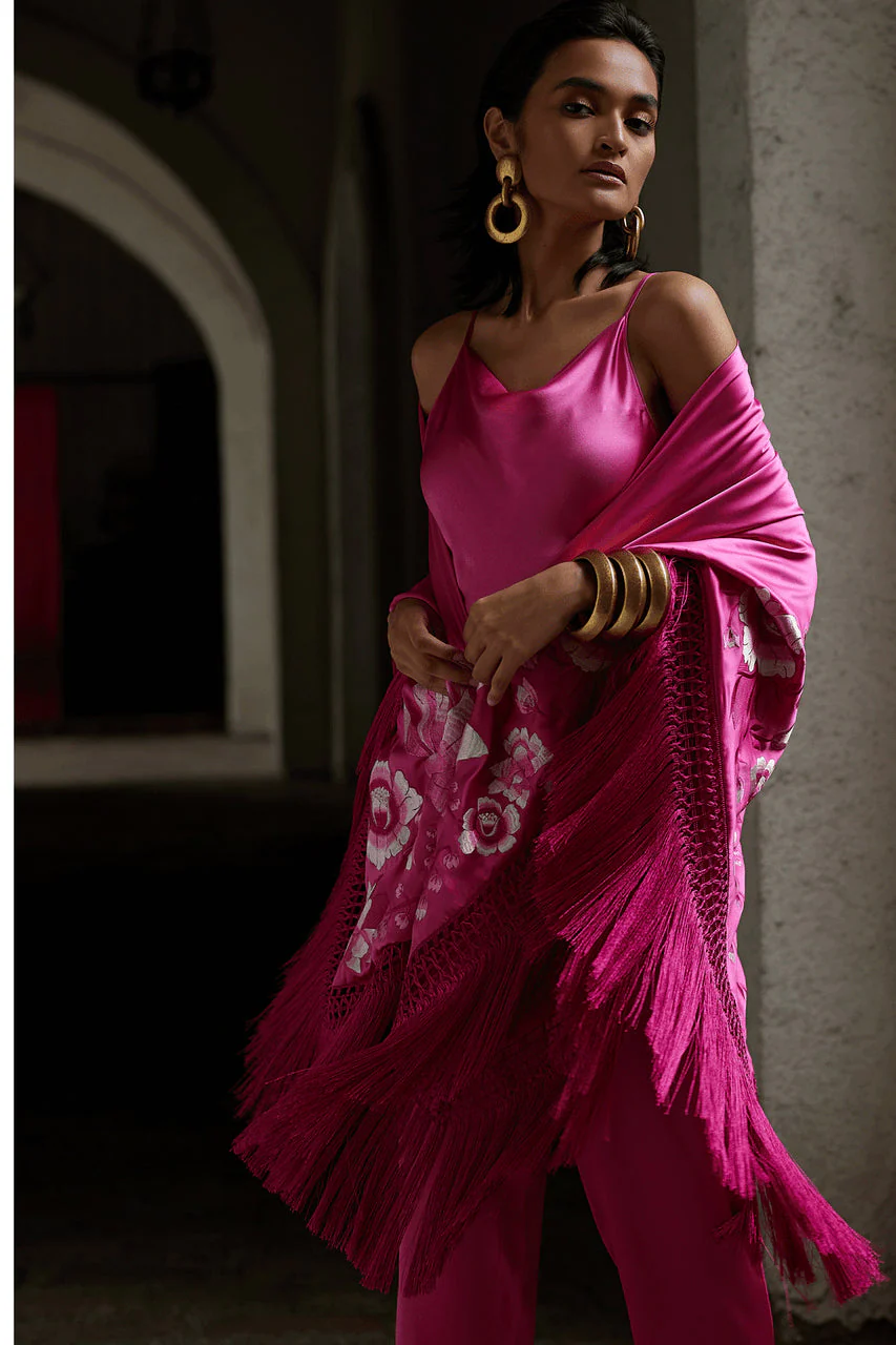 Couture Hanabi Embroidered Fringe Silk Shawl - Image 3