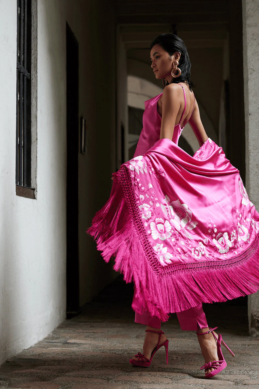 Couture Hanabi Embroidered Fringe Silk Shawl - Image 4