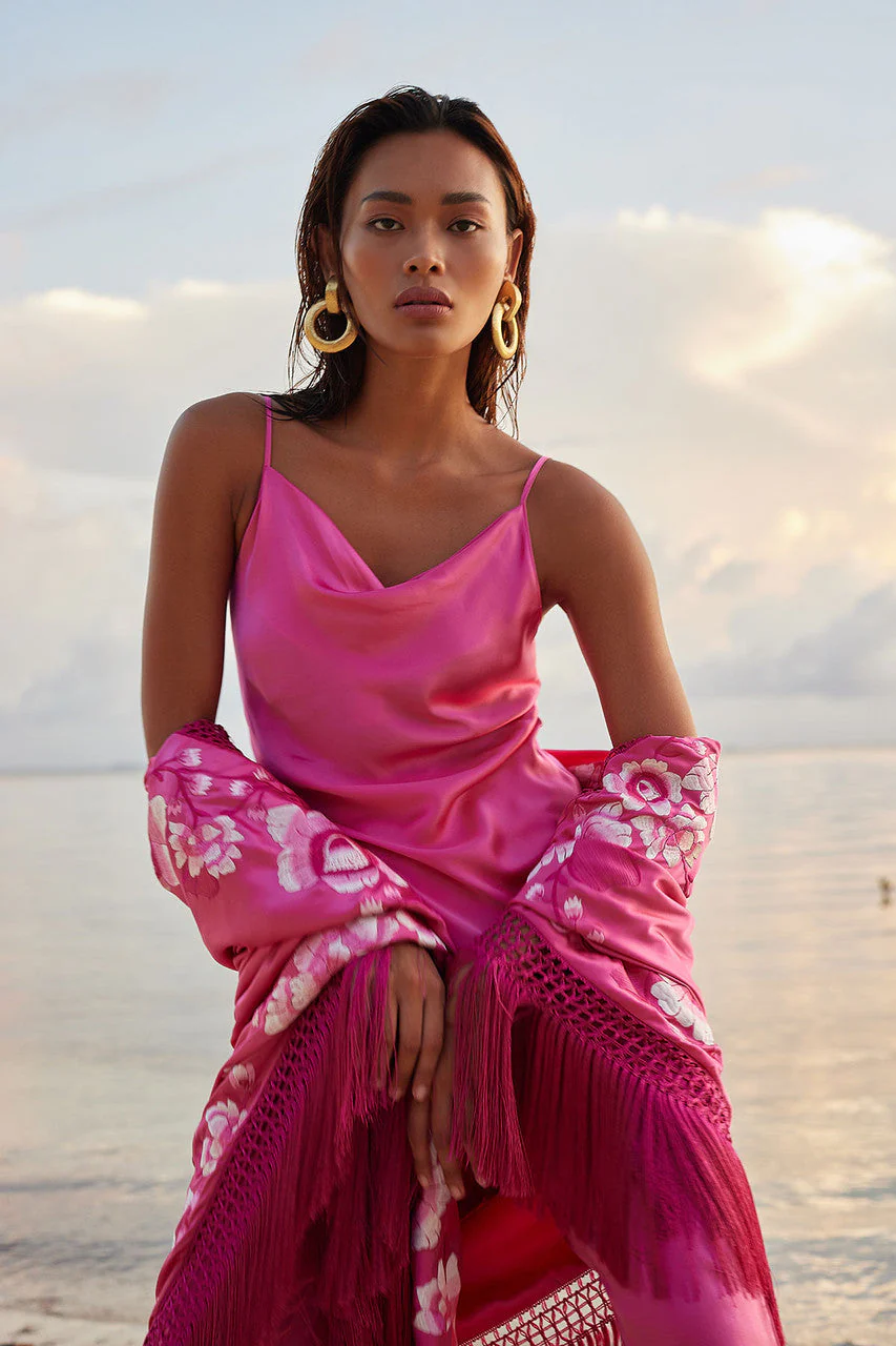 Couture Hanabi Embroidered Fringe Silk Shawl - Image 6