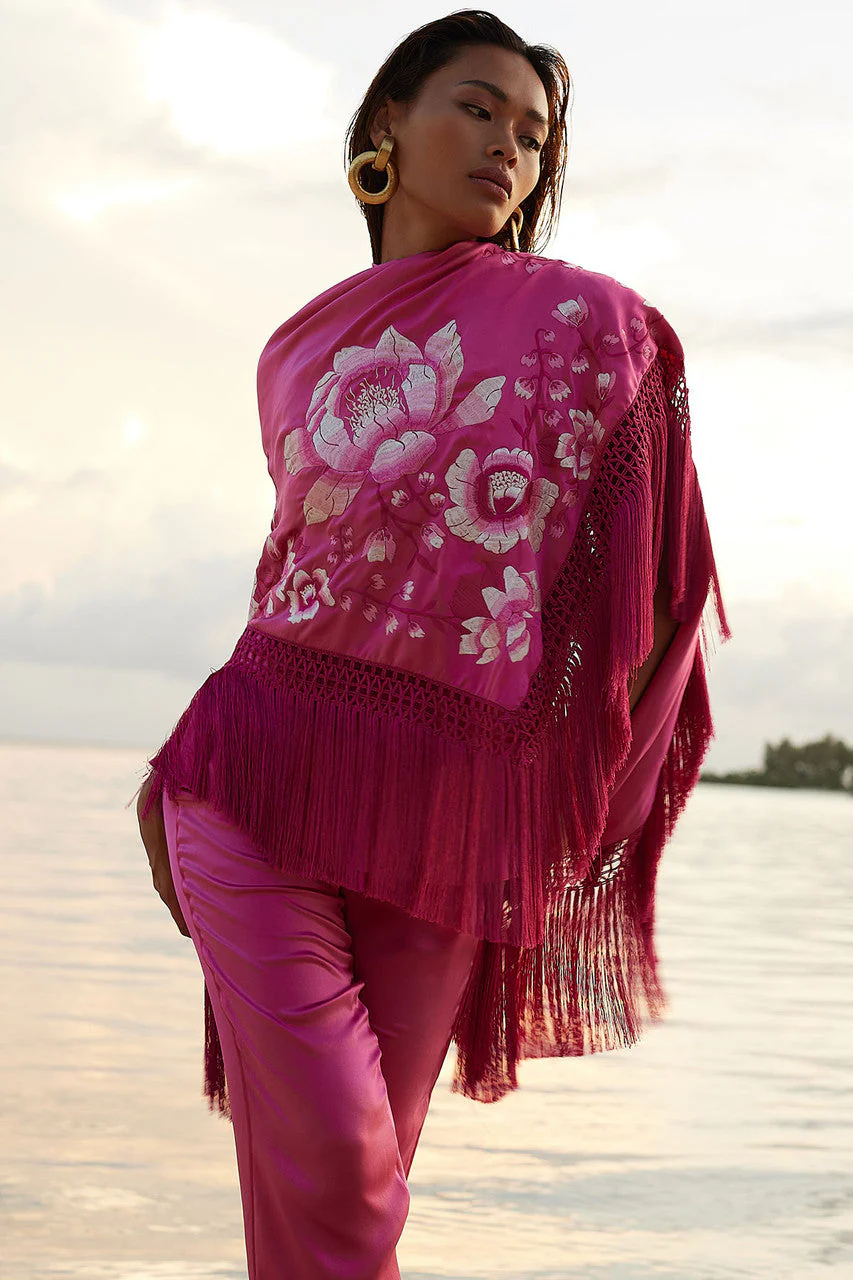 Couture Hanabi Embroidered Fringe Silk Shawl - Image 7