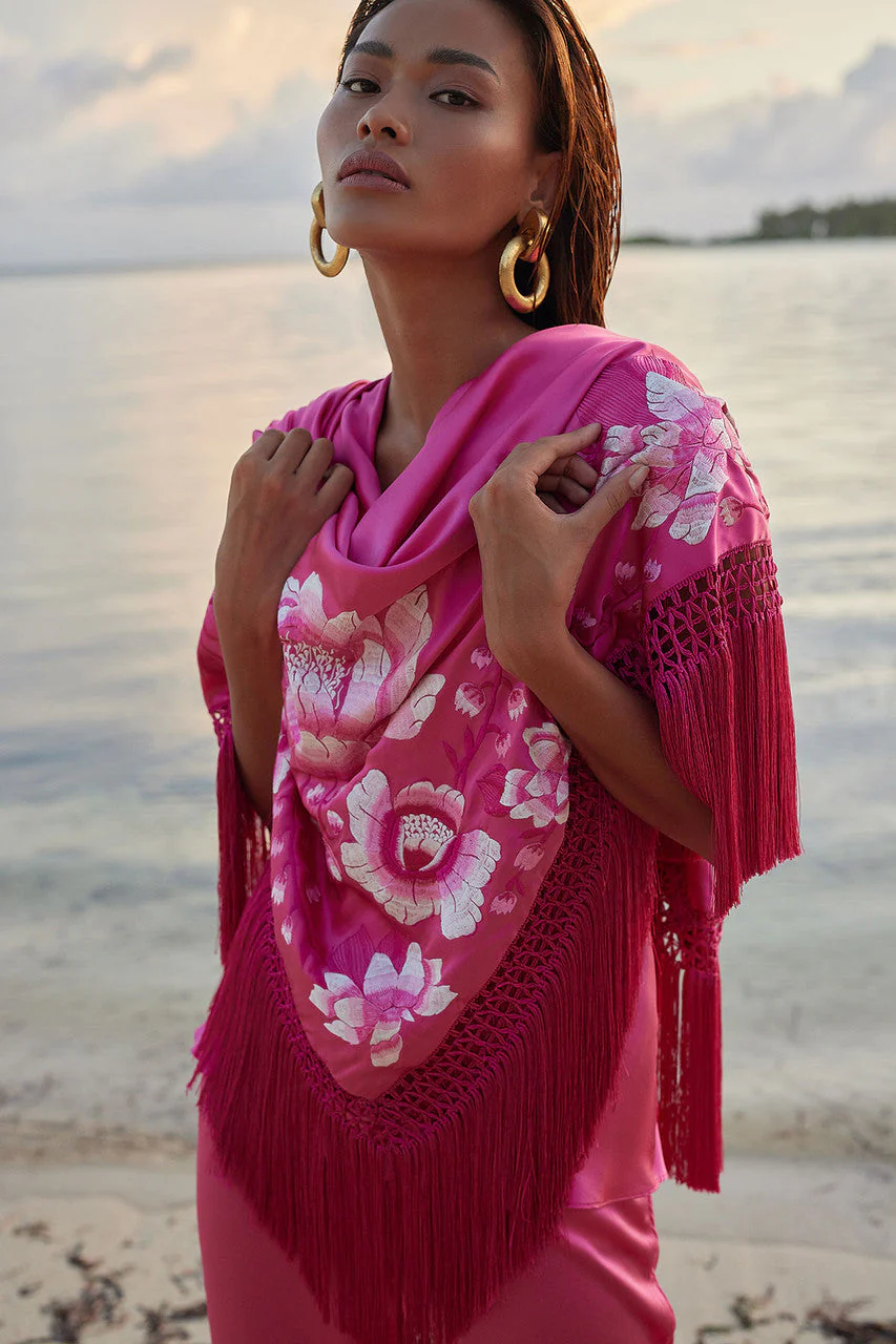 Couture Hanabi Embroidered Fringe Silk Shawl - Image 8