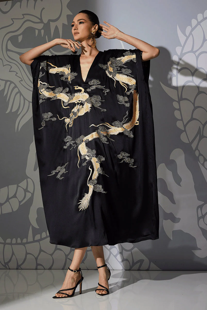 Couture Lucky Dragon Embroidered Cocoon Silk Caftan - Image 3