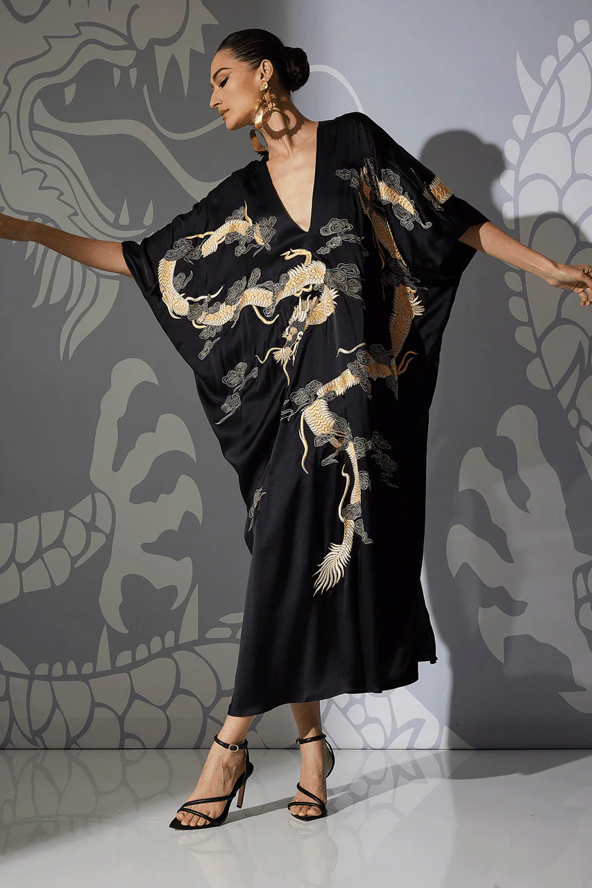 Couture Lucky Dragon Embroidered Cocoon Silk Caftan - Image 4