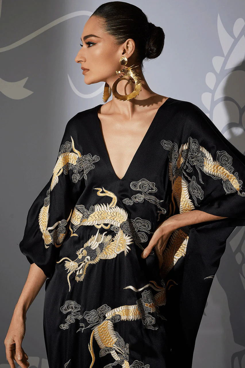Couture Lucky Dragon Embroidered Cocoon Silk Caftan - Image 5