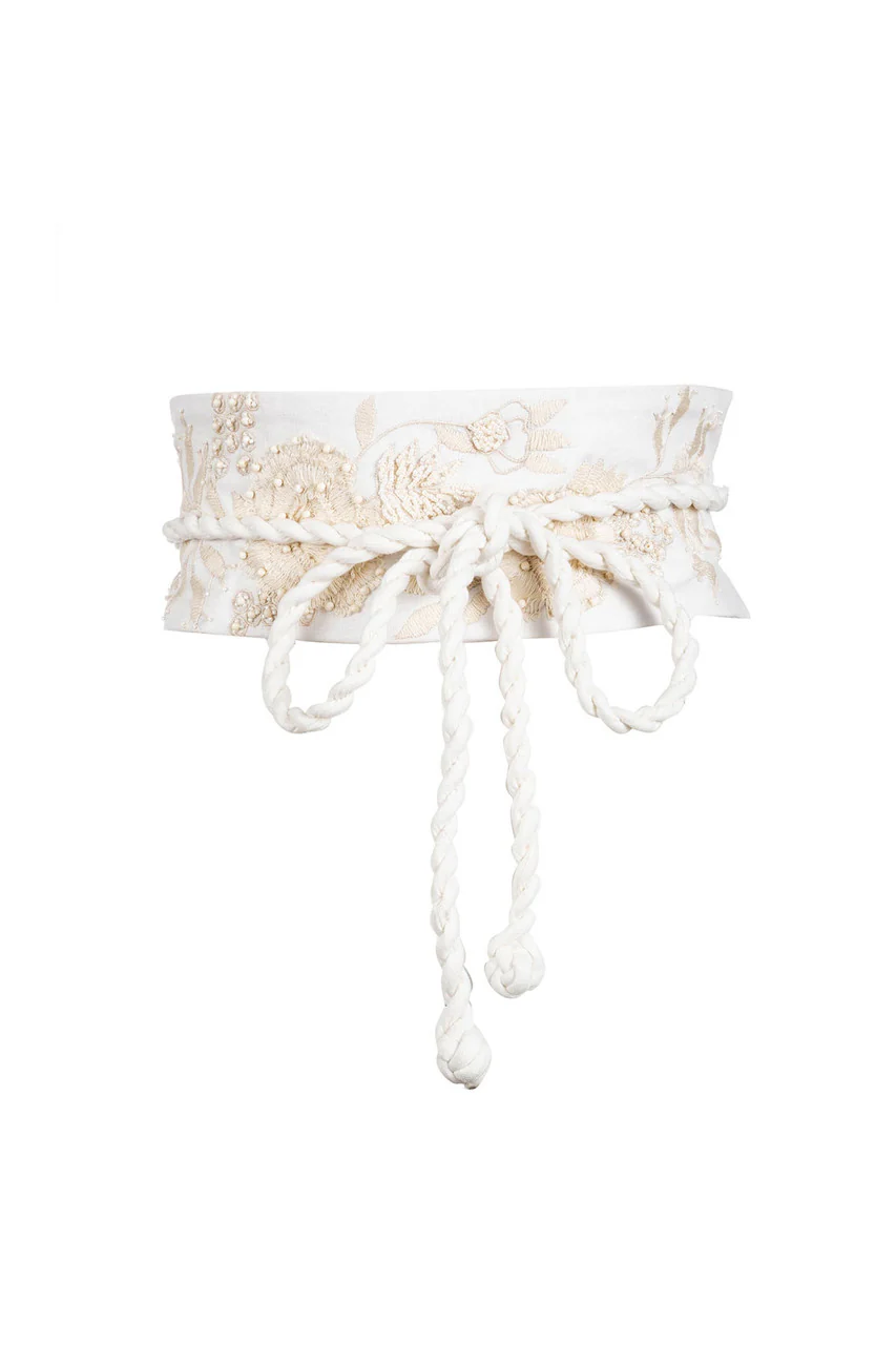 Couture Luxe Linen Embroidered Obi Belt