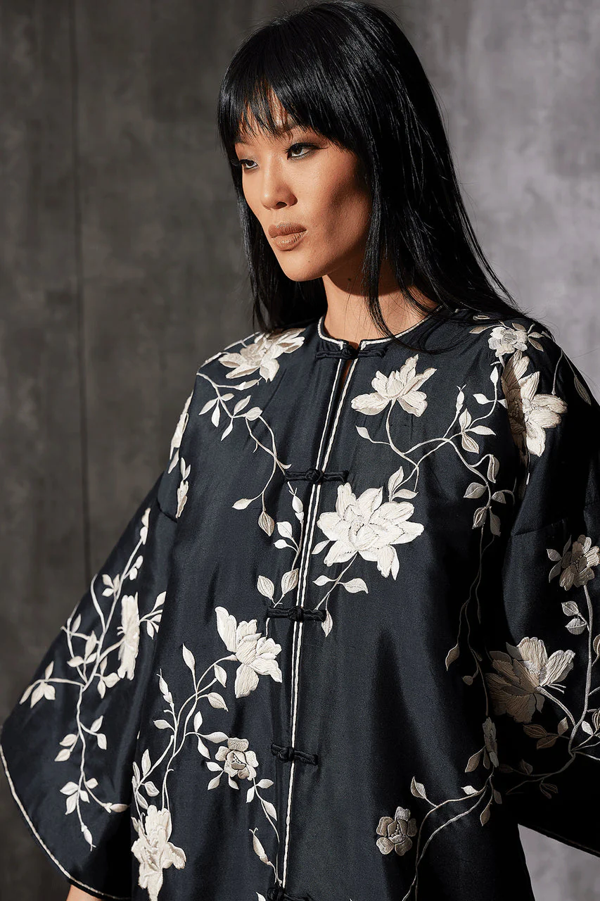Couture Silk Dupioni Embroidered Padded Coat - Image 3